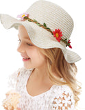 Sun Straw Hat Kids Girls Large Wide Brim Travel Beach Beanie Cap