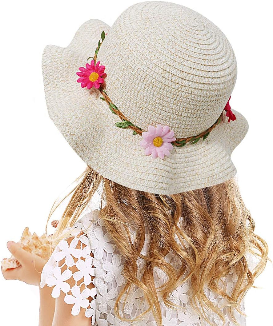 Sun Straw Hat Kids Girls Large Wide Brim Travel Beach Beanie Cap