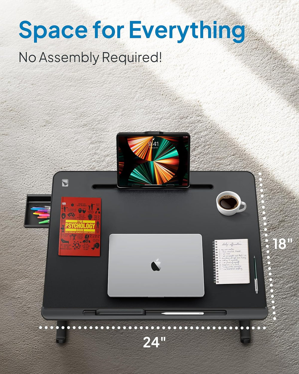 Deskpro XL 23.6" Ergonomic Adjustable Laptop Bed Desk, Laptop Bed Table | Tray for Eating, Computer, Writing, Floor, Couch | Large Lap Desk for Adults | Leather, Drawer, Book Stand (Black)