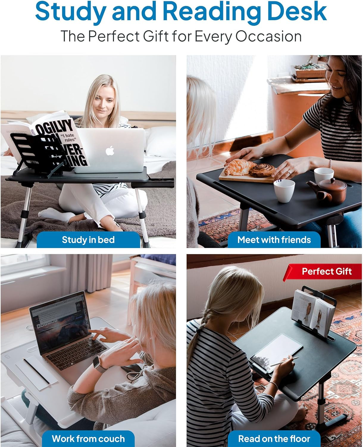 Deskpro XL 23.6" Ergonomic Adjustable Laptop Bed Desk, Laptop Bed Table | Tray for Eating, Computer, Writing, Floor, Couch | Large Lap Desk for Adults | Leather, Drawer, Book Stand (Black)