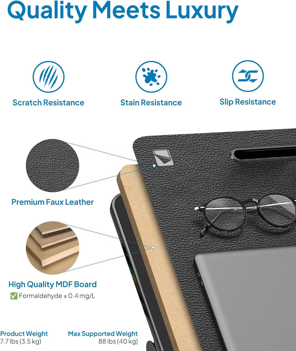 Deskpro XL 23.6" Ergonomic Adjustable Laptop Bed Desk, Laptop Bed Table | Tray for Eating, Computer, Writing, Floor, Couch | Large Lap Desk for Adults | Leather, Drawer, Book Stand (Black)